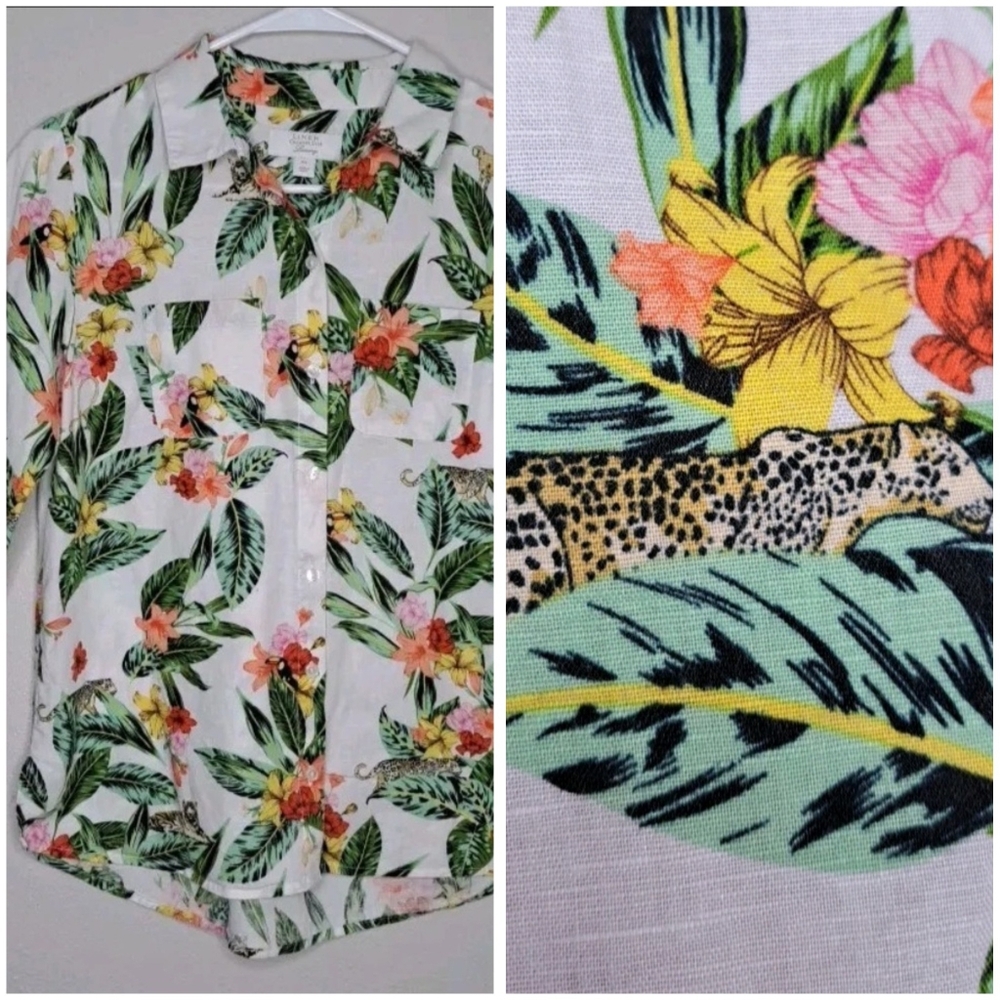 Charter Club Luxury Linen Women's Shirt Button Up Small Petite Tropical Hawaiian